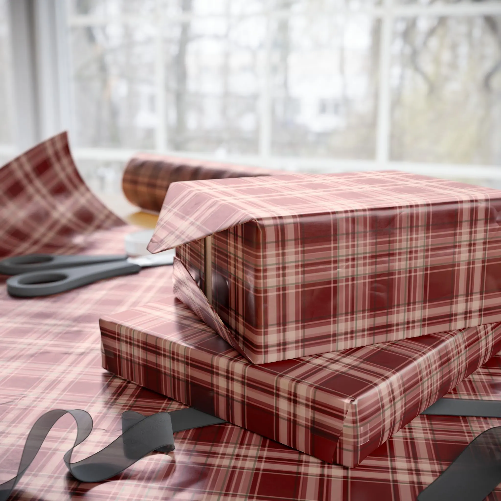 Red Tartan Plaid Wrapping Paper, Gloss or Matte Finish Elegant Luxury Christmas Gift Wrap