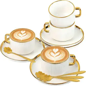 Cappuccino Cups Set of 4, 7oz Espresso Cups Set with Saucers and Spoons, Gold Trim Ceramic Coffee Tea Cups for Latte, Mocha, Au Lait, Dishwasher & Microwave , Art Deco (Gold Striped/200ml)