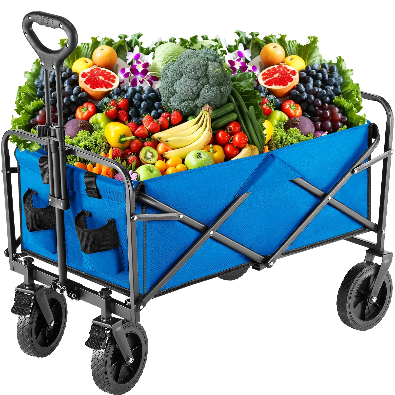 【Deal】Collapsible Foldable Wagon Cart, Large Capacity Garden Beach Cart with All-Terrain Wheels, Heavy Duty Utility Grocery Wagon with Drink Holders f