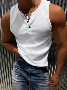 Men's Sleeveless Slim-Fit Waffle Knit Tank Vest, Colorblock Stand Collar Design, Casual Outdoor Wear, Plain Pattern, Comfortable Fit Sleeveless Tops
