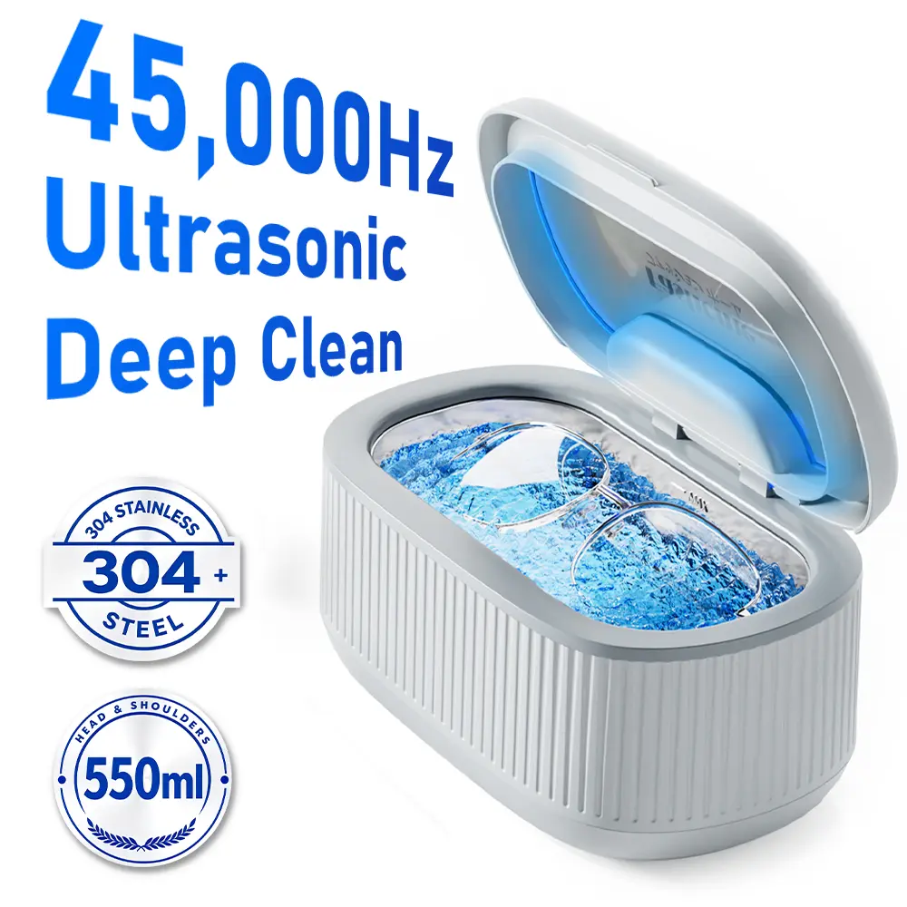Fashome Portable Ultrasonic Jewelry Cleaner with 45,000Hz & 304 Stainless Steel Tank, 550ml Denture Cleaner Machine with 5 Preset Modes for Rings, Necklaces, Retainers, Glasses, Watches power
