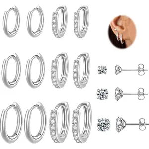 9 Pairs Small  Huggie Hoop Earrings Set for Women,Surgical Steel  Cubic Zirconia Stud Earrings Cartilage Multiple  for Women