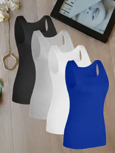 Women's Casual Round Neck Sleeveless Top Set, Pure Color Minimalist Slim-Fitting Design, Ideal for Daily Wear & Commuting, Comfortable Layering Piece