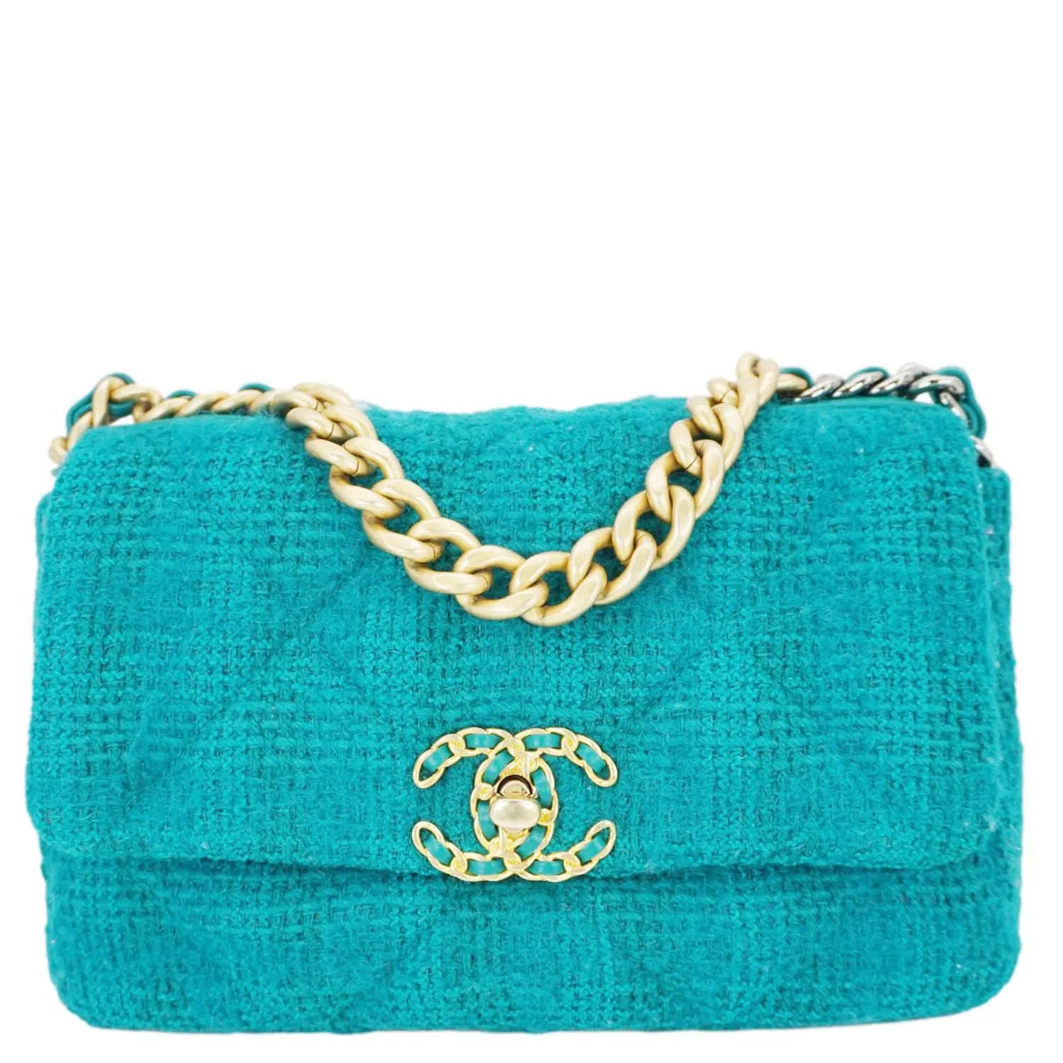 Pre-owned CHANEL Tweed Shoulder Bags 19 Flap Medium Quilted Shoulder Bag Teal