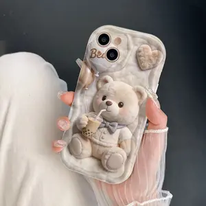 Phone Case: Cute Cartoon Bear Drinking Milk Tea Printed Phone Case, 2D Flat Design Value Phone Case, Drop-Proof and Scratch-Resistant, Suitable for iPhone 17, 16, 15, 14, 13, 12, 11, Pro, Pro Max, and Plus Series Soft Protective Cover
