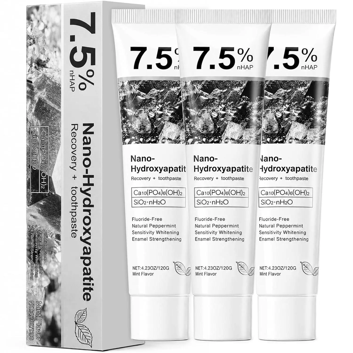 3 Pack 7.5% Nano Hydroxyapatite Toothpastes for Daily Oral Care | Enamel Strengthening & Gum Protection, Natural Mint Fresh Breath, Fluoride-Free for Sensitive Teeth, Gentle Daily Oral Care