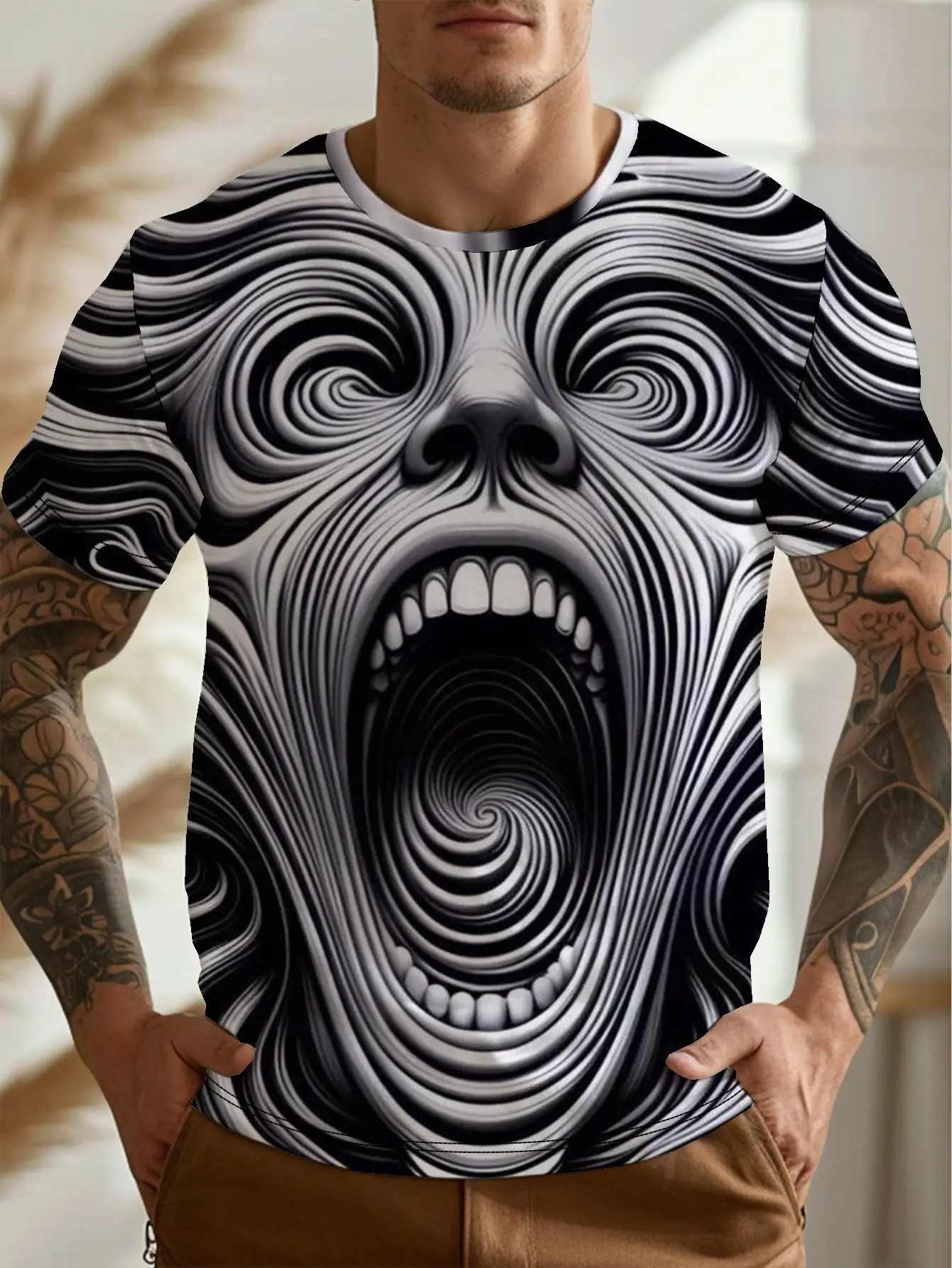 Men's Digital Print Abstract Face T-Shirt - Black and White Swirl Eye and Mouth Design, H-Version Crew Neck Short Sleeve, Casual Summer Wear, Machine Washable - Modern Men's Apparel, Suitable for Parties and Daily Wear, Men's T-Shirt, Men's Funny
