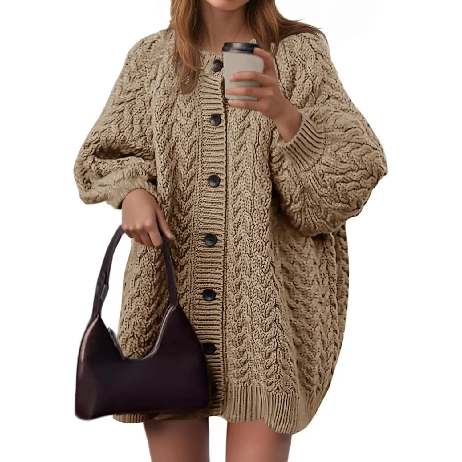 Women's Loose Chunky Oversized Cable-Knit Cardigan - Casual Long Sleeve Crew Neck Button-Down Warm Knitwear, Basic Clothes with Lantern Sleeves, Sweater Dress Style Top for Women's Collection