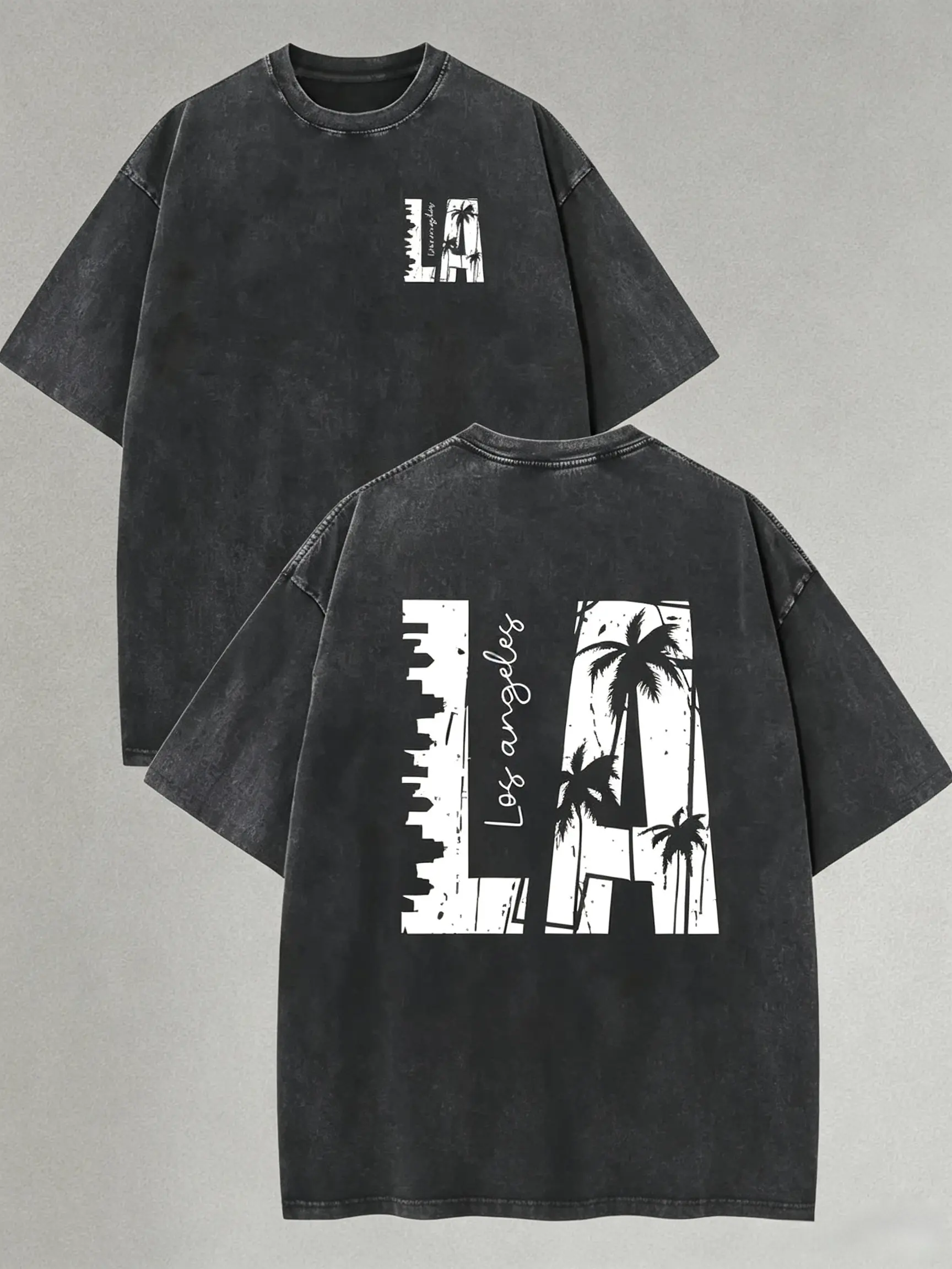 Men's Vintage Printed Premium Cotton Short Sleeve Round Neck Washed Casual Relaxed Fit Tee - Tropical Palm Tree & Double-Sided California Beach Design, Suitable for Streetwear, Outdoor Activities