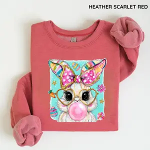 Cute Easter Bunny Bubblegum Sweatshirt, Heart Glasses Bunny Bow Shirt, Pastel Eggs Carrot Spring Rabbit Graphic Tee, For Men and For Women