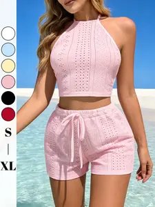 Women's Summer Vacation Set, Halter Top and Shorts, Crochet Mesh Sexy Hollow Out Beach Cover-Up, Loungewear Two-Piece Knit, Nightclub Style