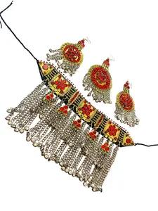 Red Afghani Choker Set | Handmade Kuchi Tribal Jewelry | Boho Ethnic Necklace & Earrings