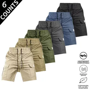 Men’s multi-color cargo shorts, 6-pack  lightweight for summer, quick-drying and breathable casual mid-length shorts with large pockets, drawstring, elastic waistband, athletic style, Menswear, Pack Of 6