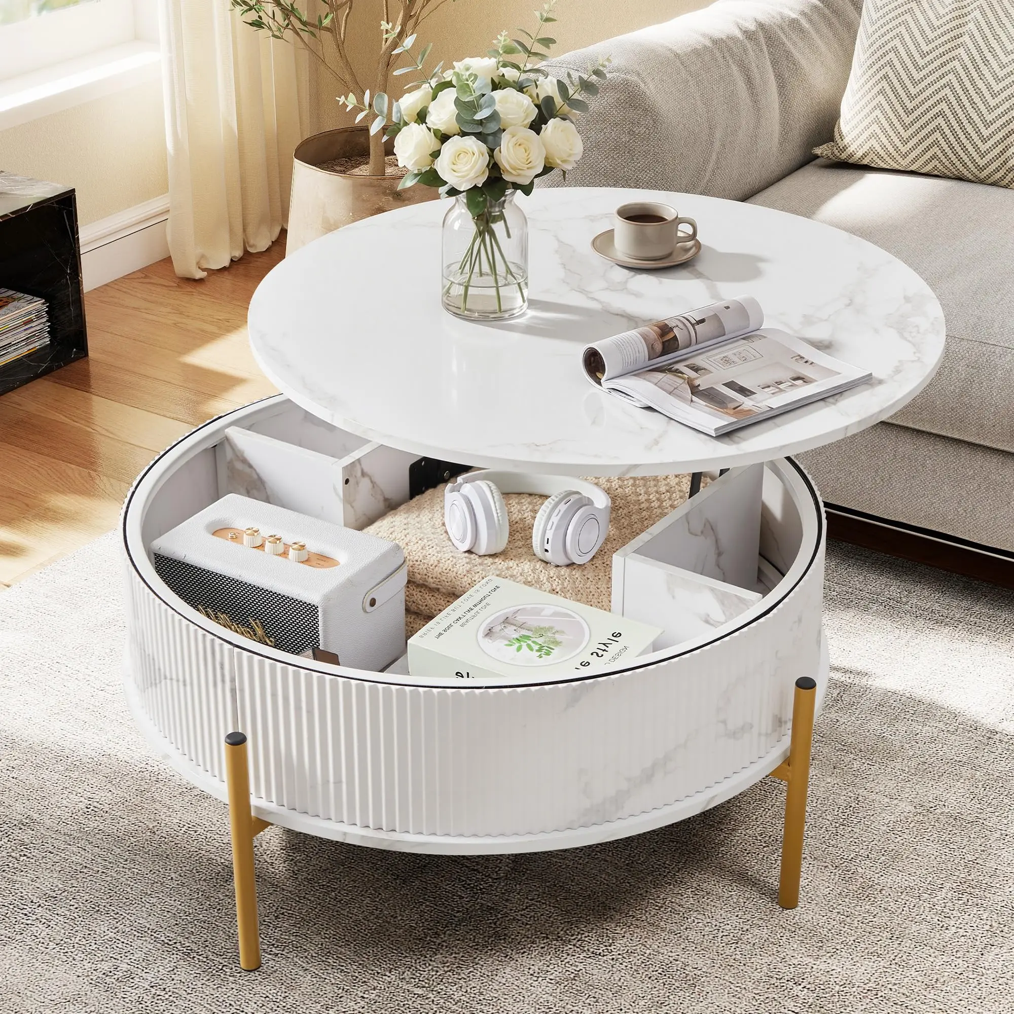 Giratree 31.5" Round Lift Top Coffee Table with Storage, Marble-Look Fluted Coffee Table with Hidden Compartment, Modern Circular Center Table with Metal Frame & Gold Legs for Living Room