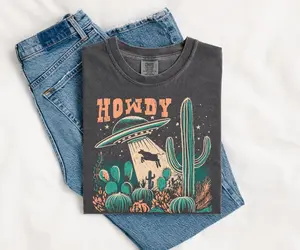 Comfort Colors UFO Cow Abduction TShirt, Funny Vintage Retro Graphic Alien Tshirt, Unisex T-Shirt, Paranormal Cow UFO Tee