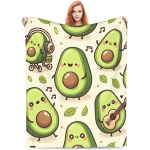 Cute and Fun Avocado Fruit Blanket for Boys, Girls, Women, Men Cartoon Music Flannel Blanket Soft Fluffy Lightweight Home Decor Sofa Bed Sofa 60x50inch Sofa Blanket Cover, 280GSM
