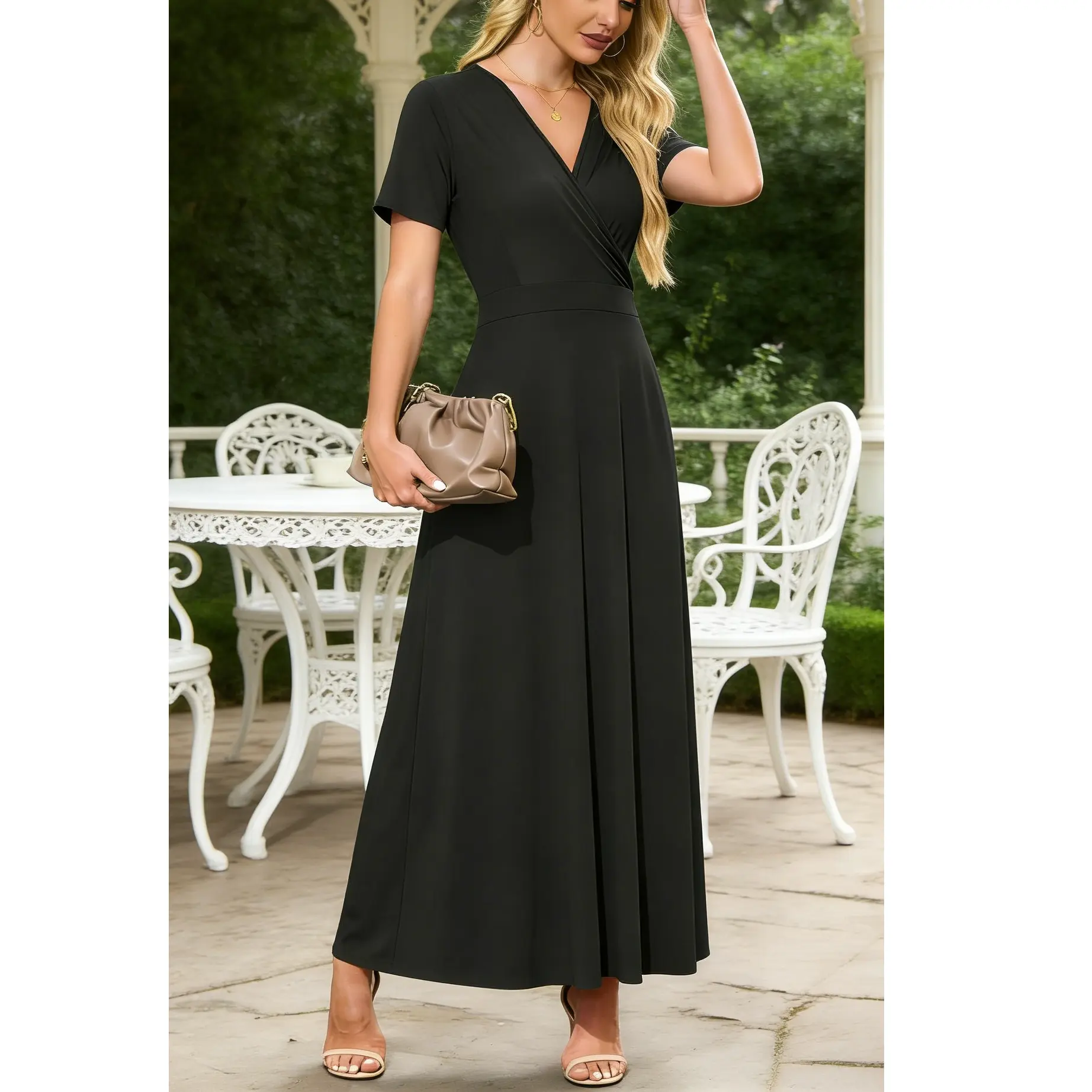 AUSELILY Maxi Dresses for Women V neck Ankle Length Floral Print Beach Long Flowy Dress with Pockets