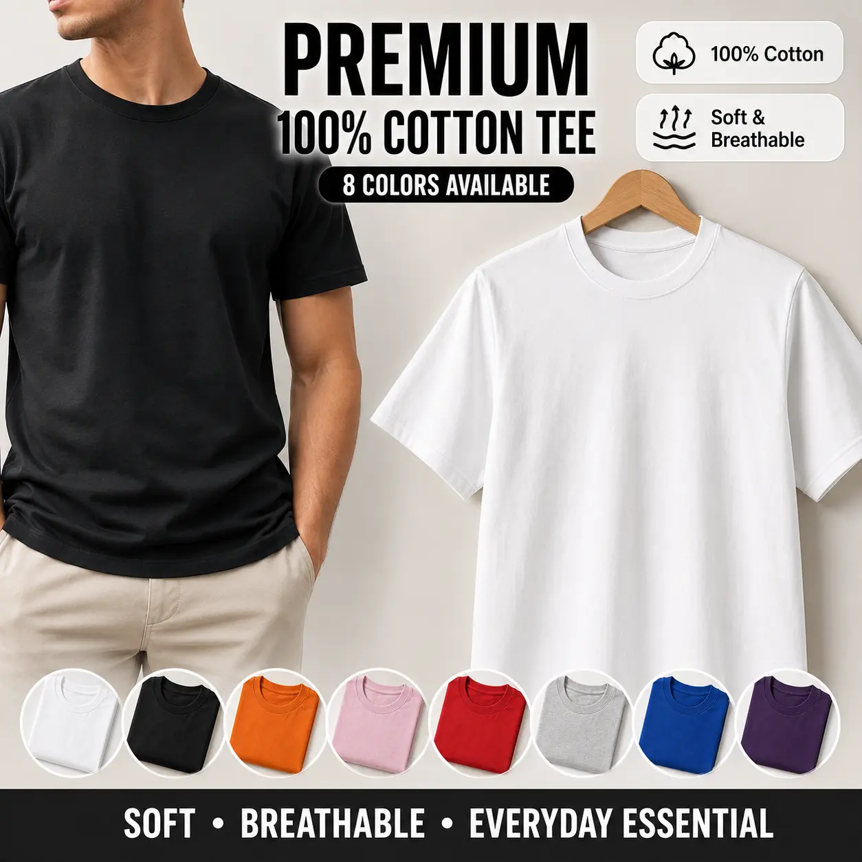 Men's Black Crew Neck T-Shirt, Multiple Colors Available basic T-Shirt, Short Sleeve, Comfort Fit undershirts, Cotton Basic Tee Menswear, summer t shirts for men, t shirt packs for men, multi-pack t shirts for men, t-shirt, t shirt for men clothing