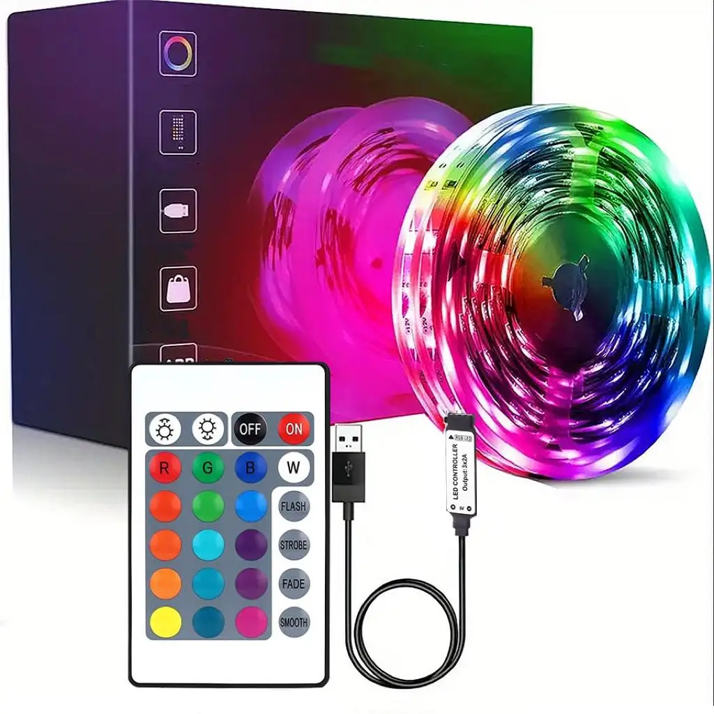 5V LED Light Strip with IR 24 Remote Control, USB Powered RGB Color Changing LED Light Strip for Rooms, Parties, Kitchens, Holiday Atmosphere Lights,