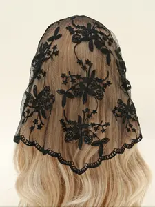 Elegant Floral Lace Triangle Headscarf for Women, Spring Summer New Solid Color Wedding Veil, Bridal Accessory, Floral Embroidered Scarf