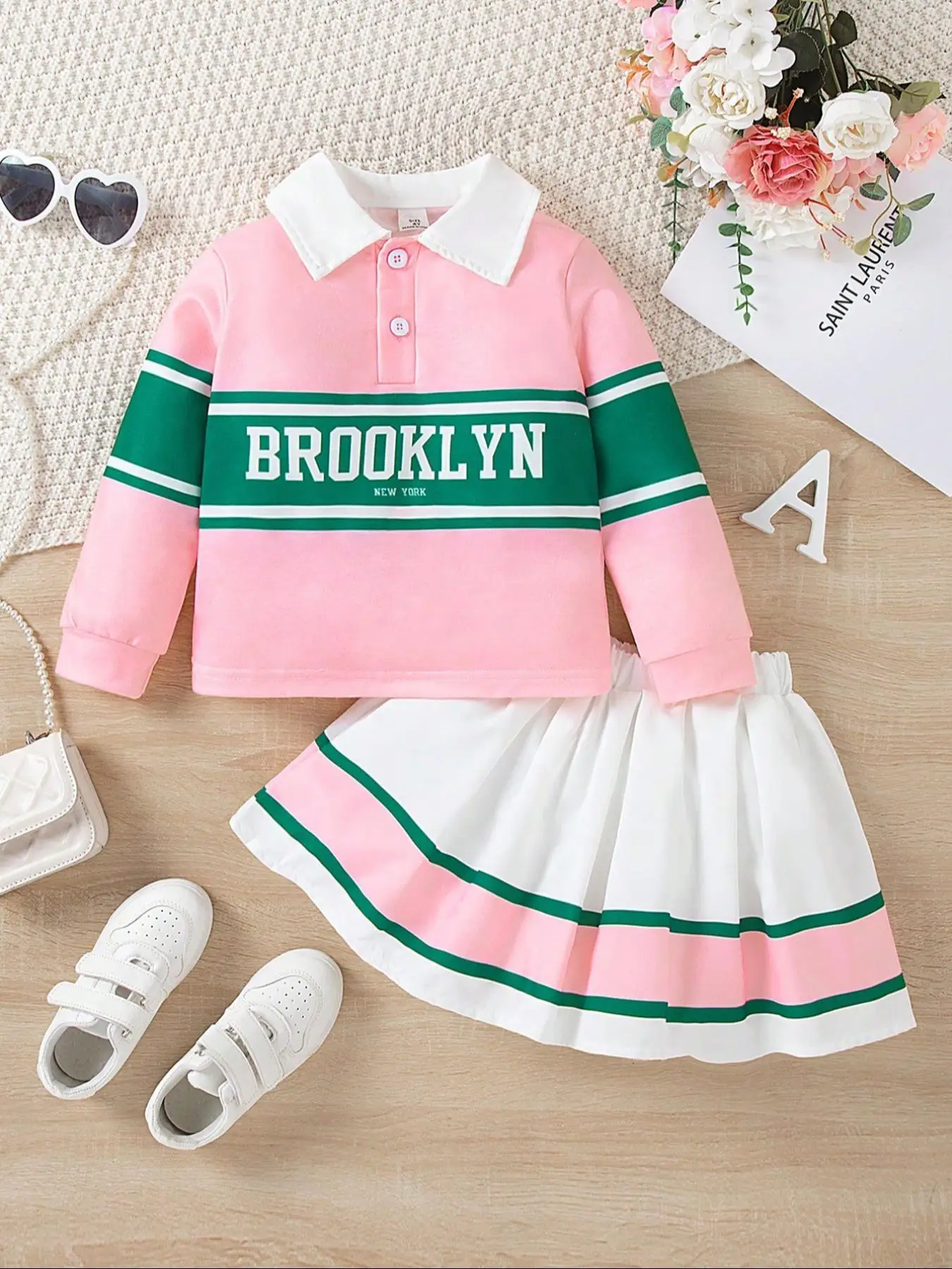 Two-piece Set Girl's Colorblock Letter Print Polo Shirt & Skirt Set, Preppy Style Long Sleeve Top & Elastic Waist Skirt for Daily Wear, Kids Fall & Wi