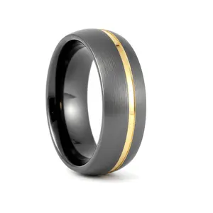 CHARGOLD | Gunmetal Tungsten Brushed Offset Gold Groove Domed Wedding Ring — 8mm