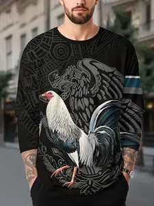 Men's Creative Colorblock Rooster 3D Print Sweatshirt, Round Neck Long Sleeve T-Shirt, Fashionable Casual Sportswear for Spring & Fall