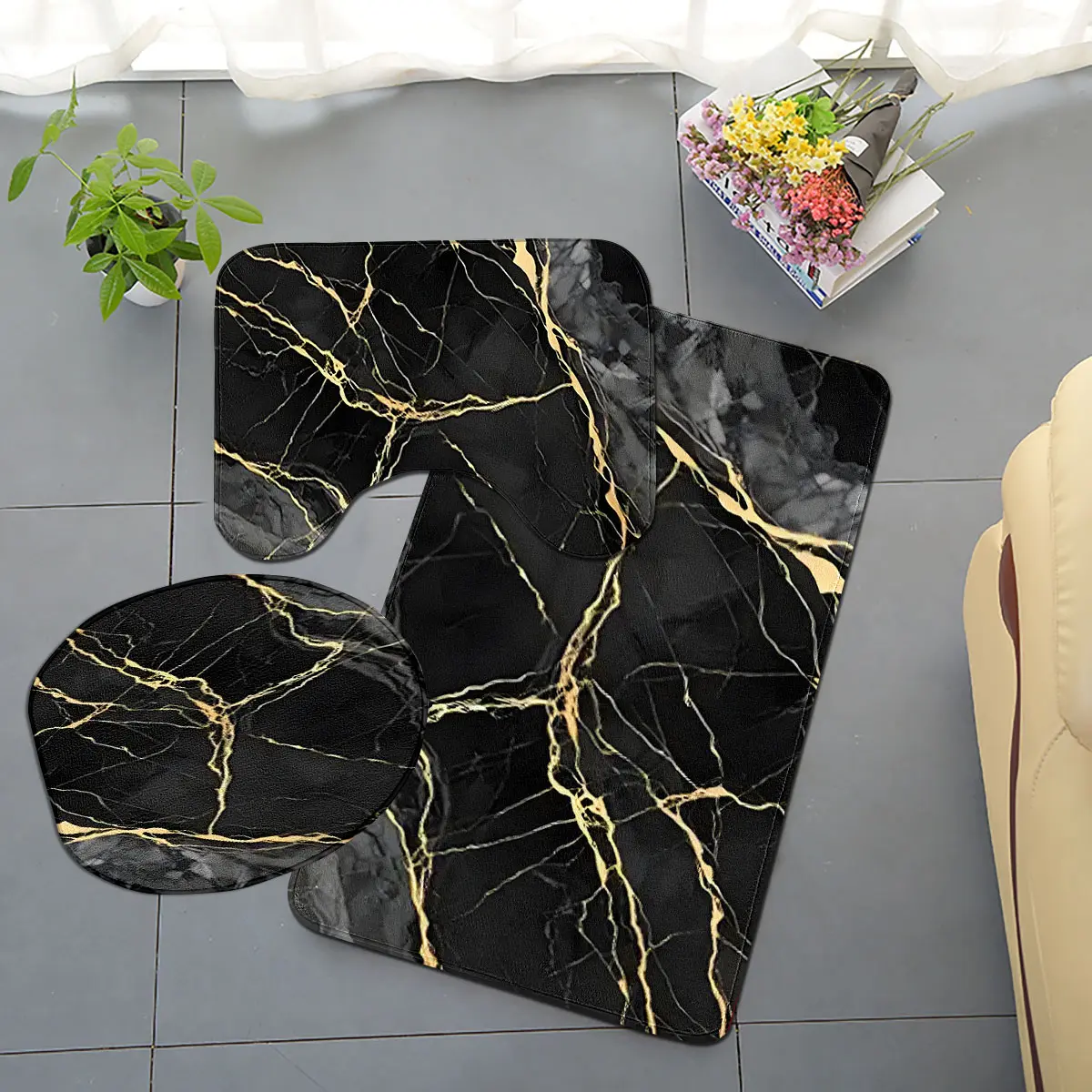 Luxury Marble Bath Mat Set, Soft Comfortable Non-Slip Absorbent Rugs for Bathroom, Bathroom Decor Set, Modern Minimalist Style, 3 Piece Set, Bathroom Mats, Water Absorbent Mat