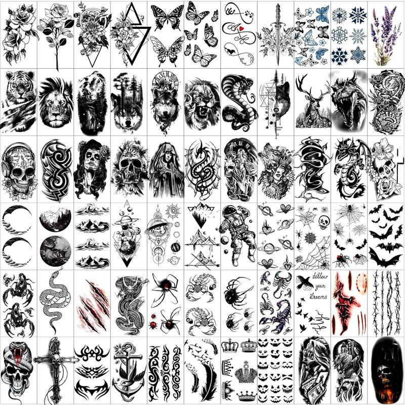 82 Sheets Temporary Tattoo for Men Women Adults, Include 12 Sheets Black 3D Half Sleeve Temporary Tattoos, Halloween Tattoos Scary Lion Wolf Tiger Skull Skeleton Tattoos Stickers