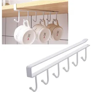 Under-cabinet cup rack, kitchen cabinet under-cabinet utensil hook rack, no-drill cabinet door hook rack, 6-hook kitchen storage utensil organizer, 2-piece set (white): Home & Kitchen