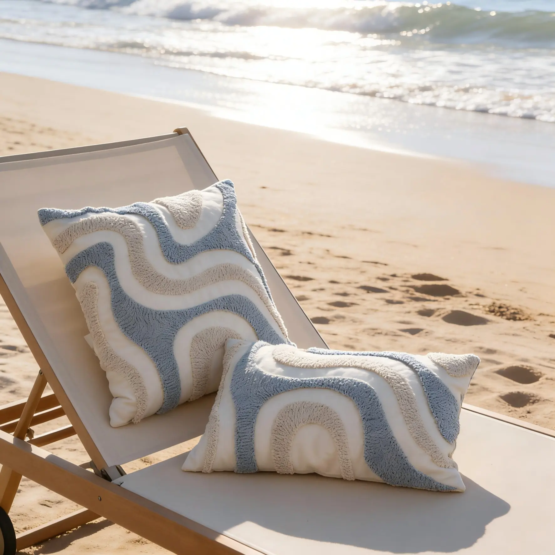 Blue Wave Pattern Cushion Cover, Nordic Boho Fleece Craft, Nordic Boho Design, Fashionable Durable Home Decor Decorative Appeal Sofa Pillow Case, All-Season Chair Back Support Pad, Modern Decor Appeal