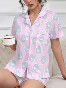 Women's Spring Summer Sleepwear Pajamas Set, Swan Bowknot Print, Romantic Valentine's Day Gift, Comfortable Shirt Collar Top & Elastic Shorts