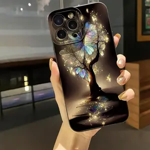 A Black Glowing Butterfly Tree Pattern Phone Case, TPU Shockproof Full Protection Case, Suitable for iPhone 17/16/15/14/13/12/11 PRO MAX PLUS AIR E XS and PROMAX MINI, Ideal Gift for Friends and Family, MS2460