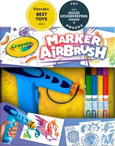 Crayola Marker Airbrush Spray Art Kit, Battery-Powered Sprayer with 8 Washable Markers & 5 Stencils, Holiday for Kids, DIY Craft Set, Ages 6+