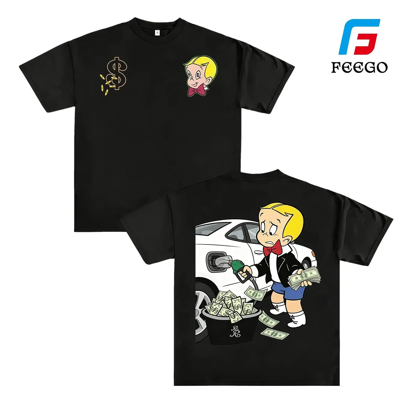 FEEGO Funny Richie Rich Can't Afford Gas T-Shirt, Cartoon High Fuel Cost Inflation Tee, Retro Luxury Car Graphic Shirt, Meme Streetwear, Richie Rich Shirts, Mens Womenswear Top Pure Cotton Short Sleeve T-Shirt Casual Breathable y2k