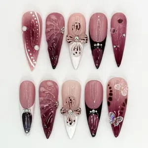 S146 Burgundy Bloom Press-On Nails, 3D Orchid Petals, Ombre Shine & Butterfly Gems, Custom Handmade, Solana Nails Town