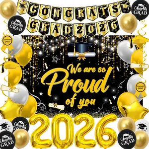 Graduation Decorations 2026, Black Gold Graduation Party Decorations Class of 2026 with We are So Proud of You Backdrop Grad Banner Hanging Swirls Balloons