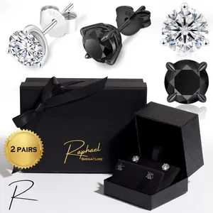 Raphael Signature Moissanite Earrings - Luxury 2 Pairs Signature Set, Black & White Gold, VVS Sparkle, Gift-Ready, 925 Silver