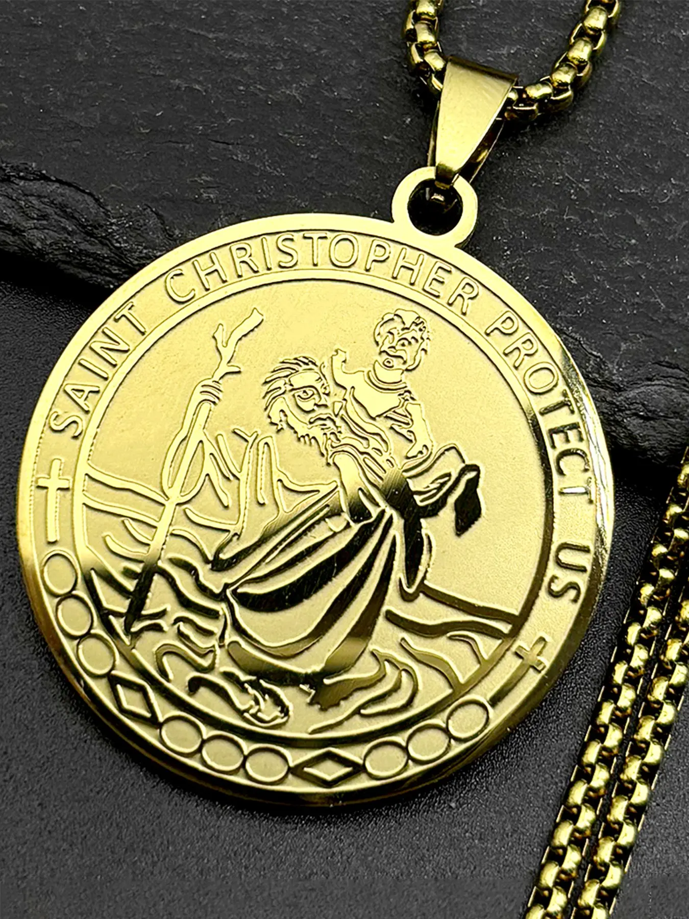 Saint Christopher Protect Us Pendant Necklace Cross Necklaces for Women Men Stainless Steel Gold Color Christian Religious Amulet Chain Faith Necklace