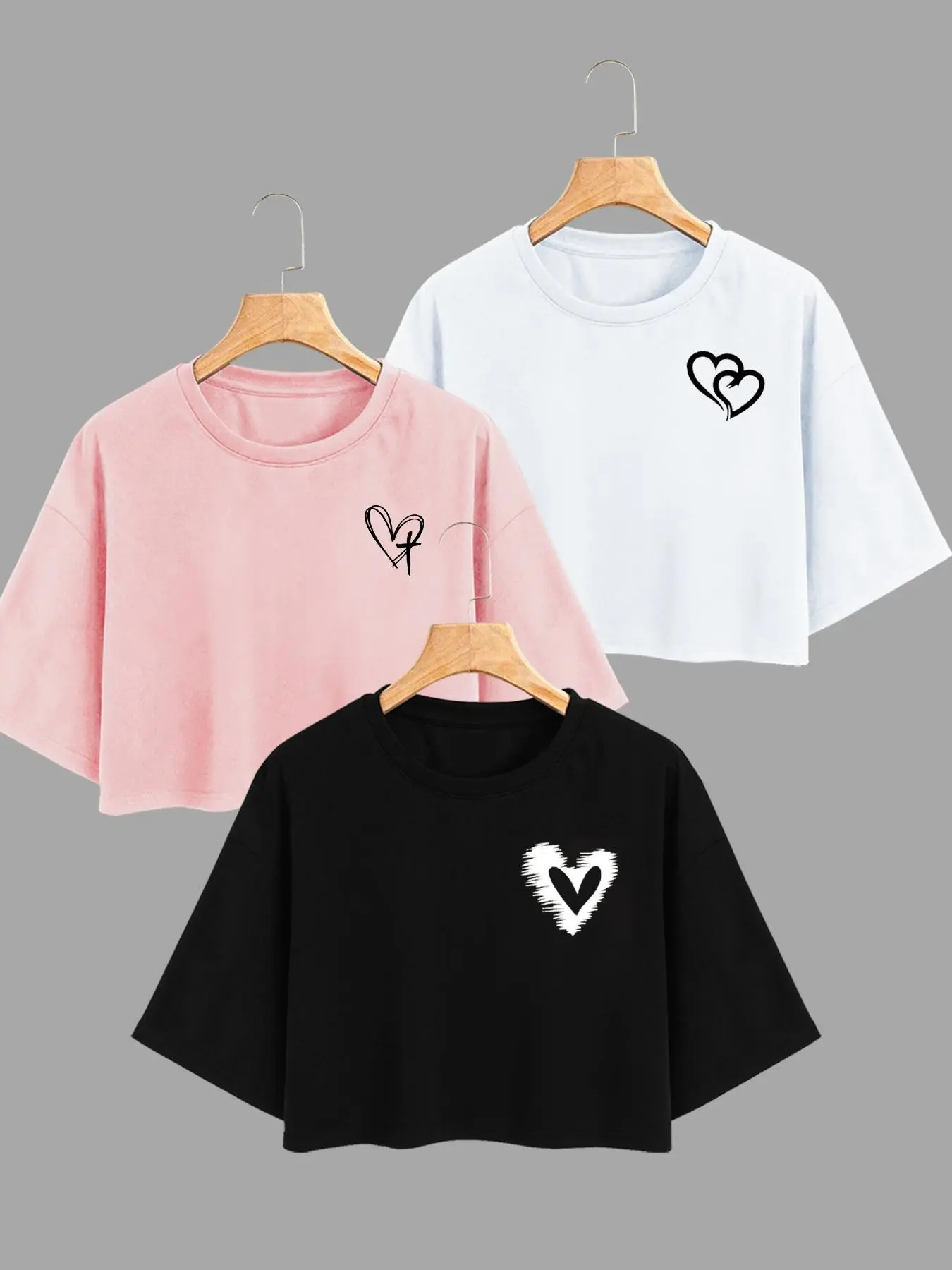 Y2K Spring Summer New Round Neck Heart and Geometric Print Casual Short Top, Loose Fit for Women and Girls, Perfect for School Sports Exercise