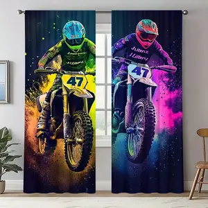 Cool Off-Road Motorcycle Print Curtains, 2-Piece Set Modern Design, Durable Polyester Fabric, Ideal for Living Room and Bedroom Home Decor