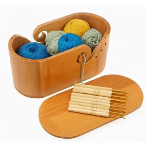Wooden Oval Yarn Bowls for Crocheting,  Crochet Bowls with Lid and 9 count Knitting Hooks, Knitting Lovers Yarn Storage Bowl for  Knitting Yarn Lovers