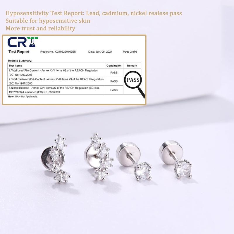 MILACOLATO 2 Pairs 925 Sterling Silver Flat Back Earrings for Women Dainty CZ Flatback Cartilage Earring Small Helix Tragus Multiple Piercing Jewelry