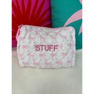 "STUFF" Pink Bow Embroidered Toiletry Bag