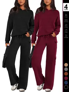 2026 Womens Fall Outfit 2-Piece Knitted SetsHoodie Tracksuits Wide Leg Pants With Pocket AndDrawString Long Sleeve Hooded Kangoroo Pocket TopsKnitwear Sporty Loungwear, Womenswear Travel Outfit