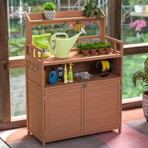 Potting Bench Outdoor Gardening Table for Outside Wood Garden Planting Workstation Work Benches with Large Storage Cabinet & Top Shelf for Patio