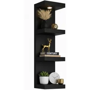 Versatile 4 Tier Wall Shelf Unit, Lack Wall Shelf,Display Floating Shelf with LED Remote Control Light (Black)