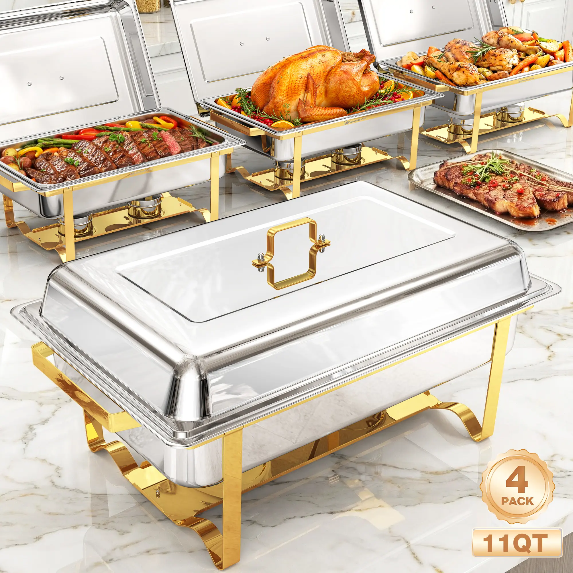 [Back To School] WARMOUNTS 4-Pack 11QT Classic Large Cap Stainless Steel Rectangular Chafing Dishes - Portable Casserole Dishes with Folding Frame, Rolled Rim, Lid Holder, Half Gold/Half Black Finish for Parties, Weddings, Kitchenware Catering Set