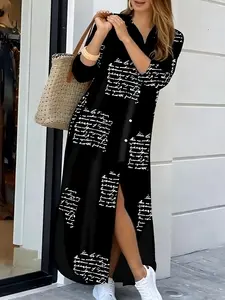 A women's long split dress with printed Geometric patterns, featuring a polo collar and a single-breasted button placket, suitable for spring and autumn, as well as daily wear, vacations and commuting, Boho Casual Comfy