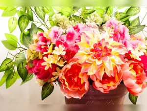 Pink Dahlia & Rose Faux Flower Arrangement – Hydrangea, Orchid, Lily Centerpiece with Ficus Leaves – Silk Floral Home Décor
